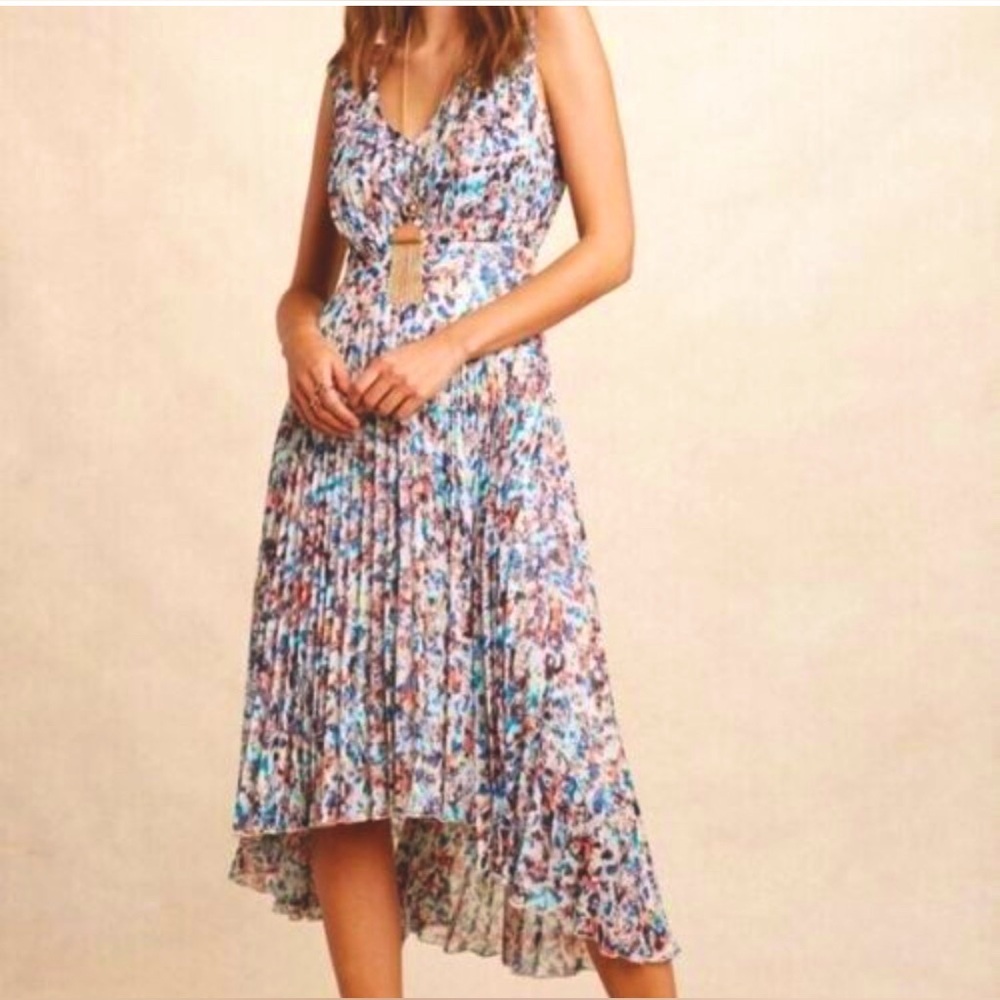 (NWT!) Anthropologie Floral Pleated High-Low Midi Dress in Blue & Pink